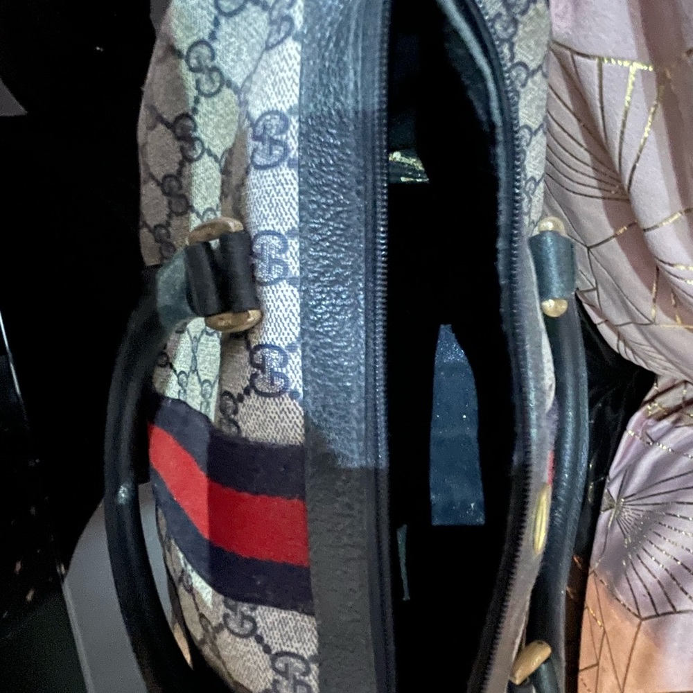 Gucci Beige Monogram Canvas Shoulder Bag with Blue and Red Stripe - Picture 4 of 4